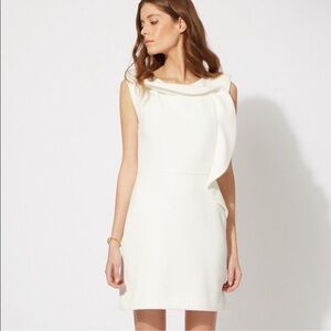 MAJE Ricochet Asymmetric Frill Ruffle White Crepe Dress Sheath Mini Sleeveless